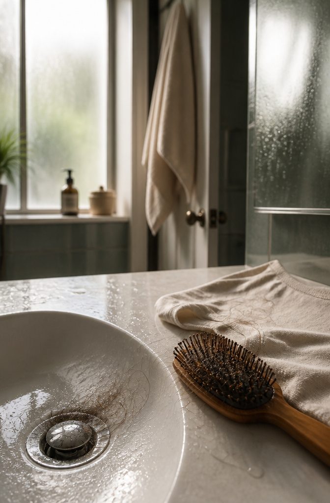 Loose brown strands in a shower drain and natural-bristle brush