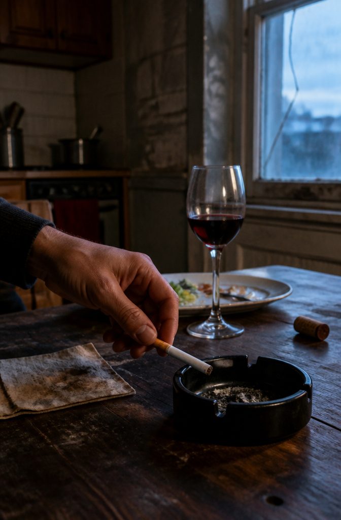 Hand setting an unlit cigarette beside an ashtray and distant wine glass