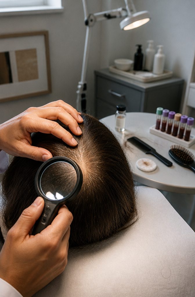 Clinician examining a patient's scalp during a hair-loss assessment