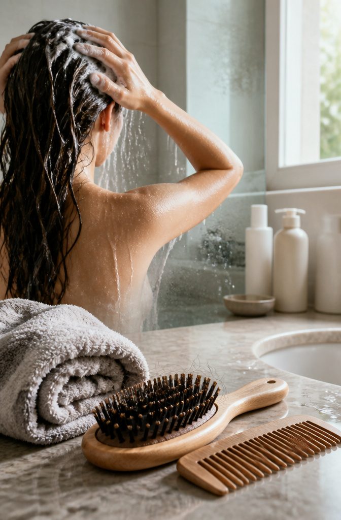 Hands gently massaging shampoo into the scalp above loose hair lengths