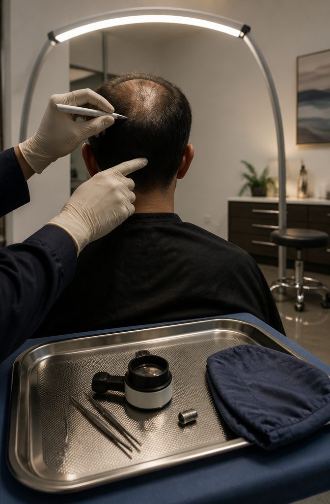 Clinician marking a scalp transplant area with donor hair visible