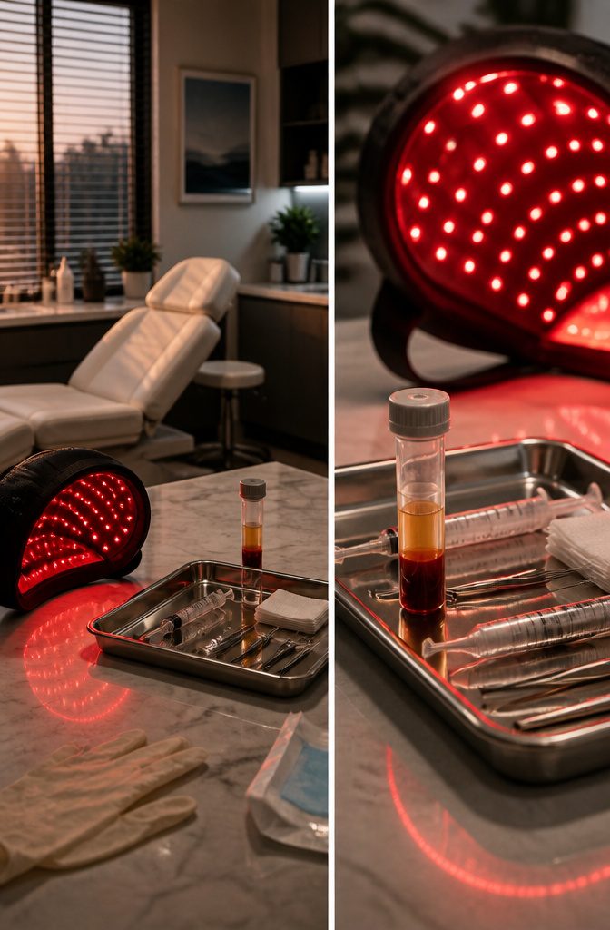 Scalp injection supplies beside a red-light hair treatment device