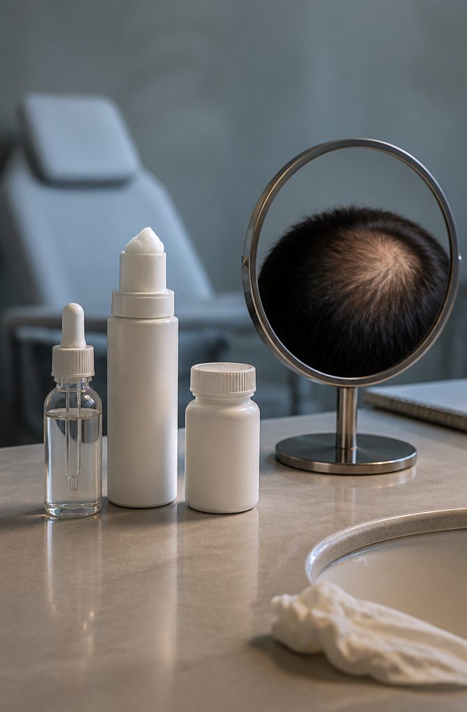 Minoxidil foam and finasteride tablets arranged as hair-loss treatments