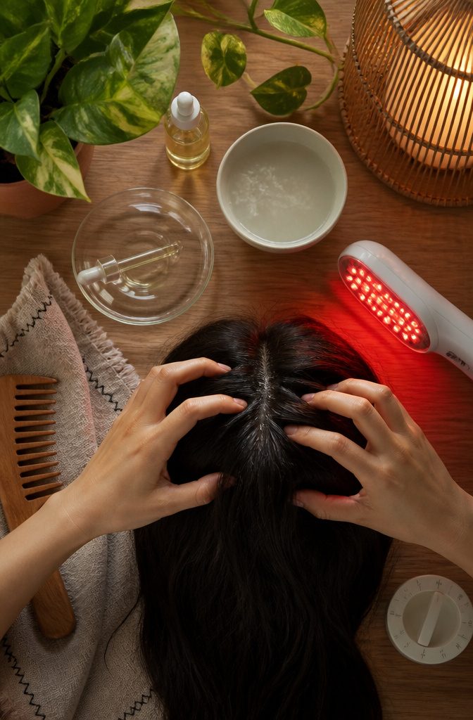 Hands massaging the scalp beside a small bottle of rosemary oil