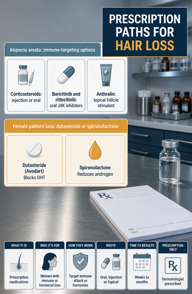 Beauty infographic table comparing prescription paths for hair loss