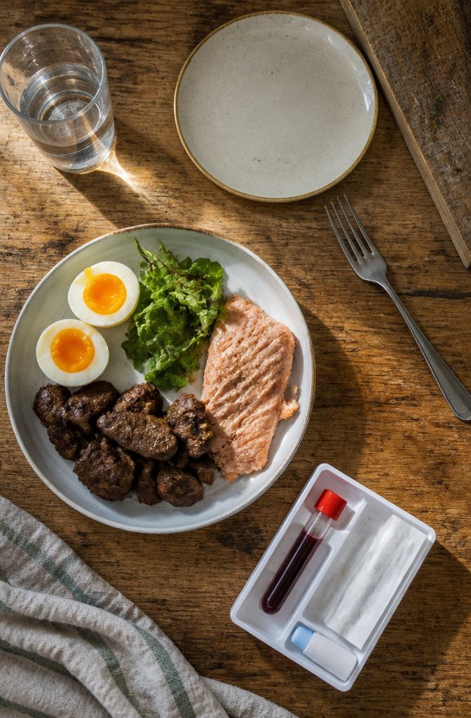 Protein-rich foods including eggs fish and liver arranged on a plate