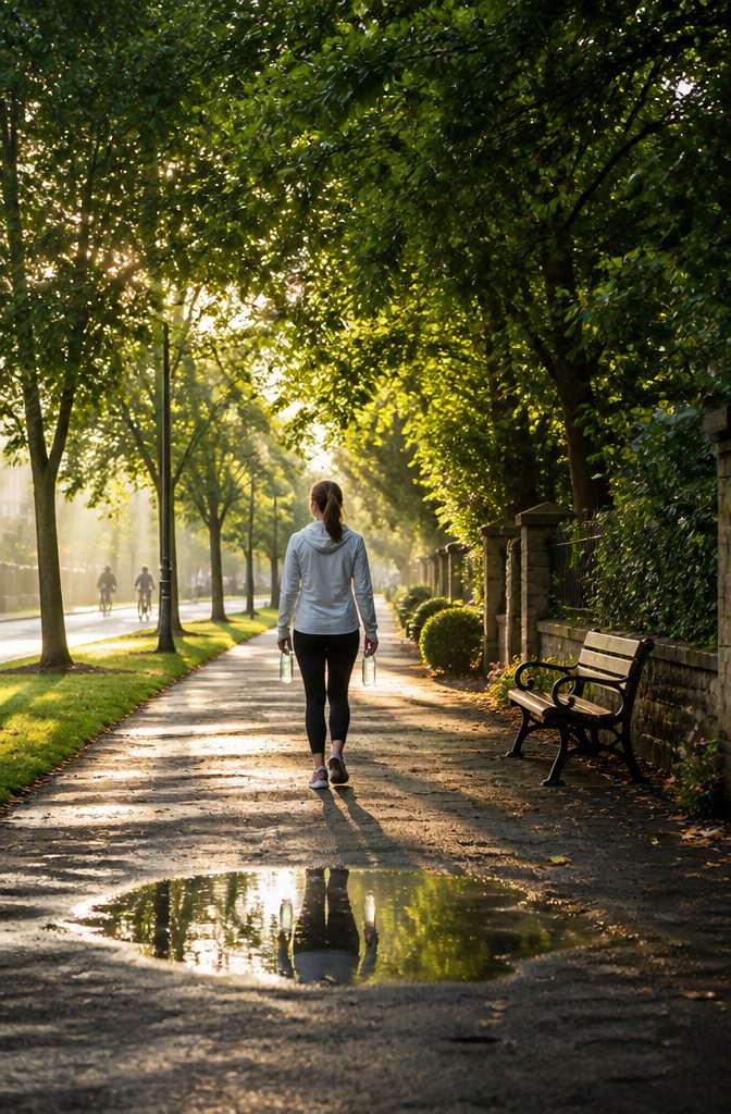 Person walking briskly outdoors in exercise clothes