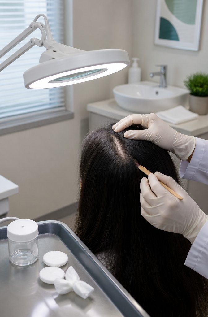 Clinician examining a parted scalp with wooden tool and sample container
