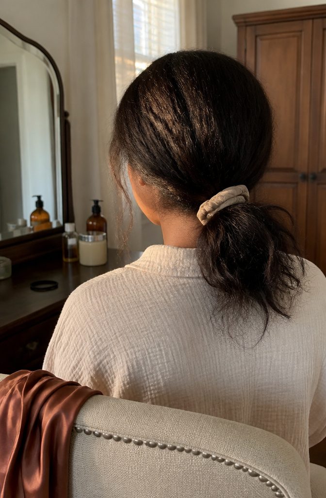 Low relaxed ponytail with fabric tie and loose wisps at the nape