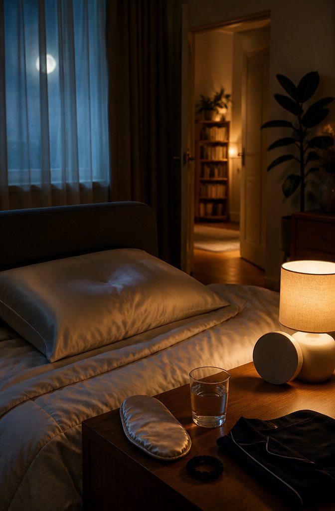 Neatly made bed and nightstand with silk pillowcase and loose hair tie