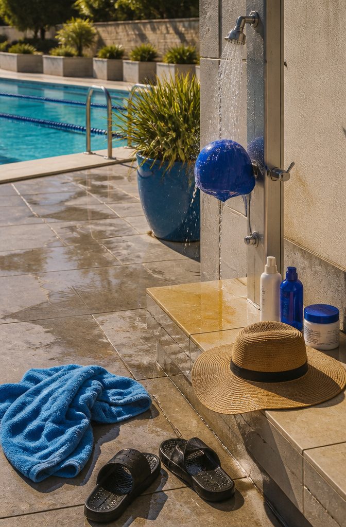 Hair protection scene with swim cap and poolside rinse supplies