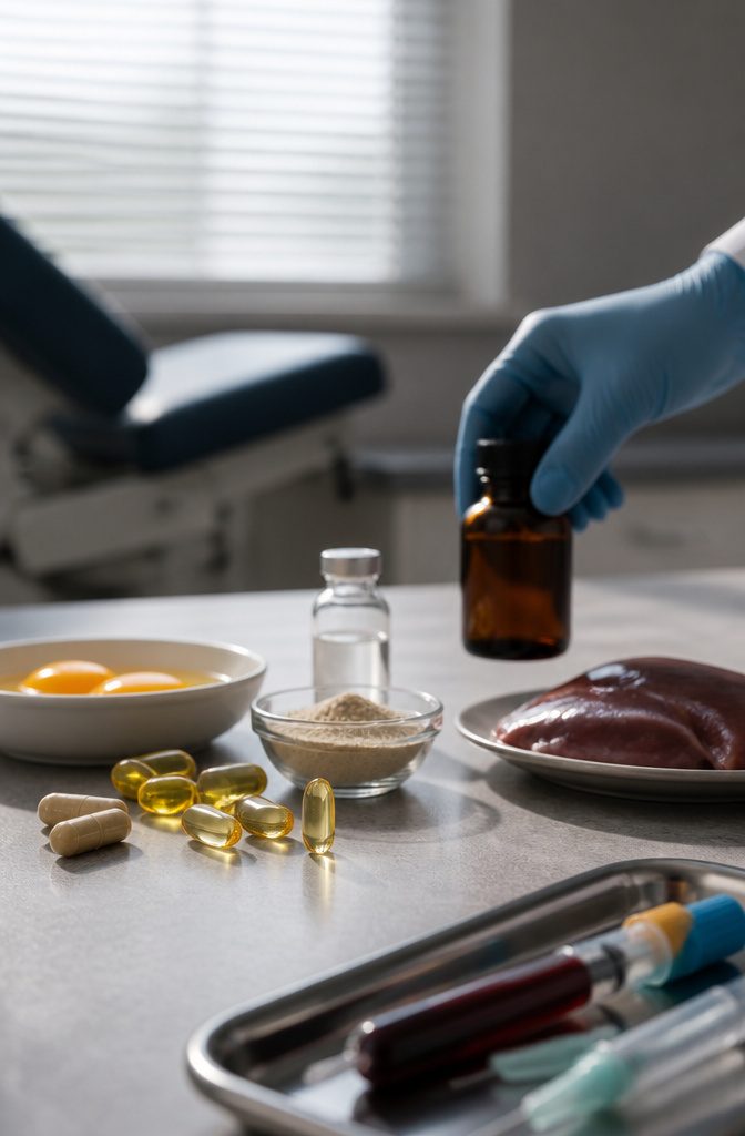 Hair supplement bottles beside eggs yeast and liver