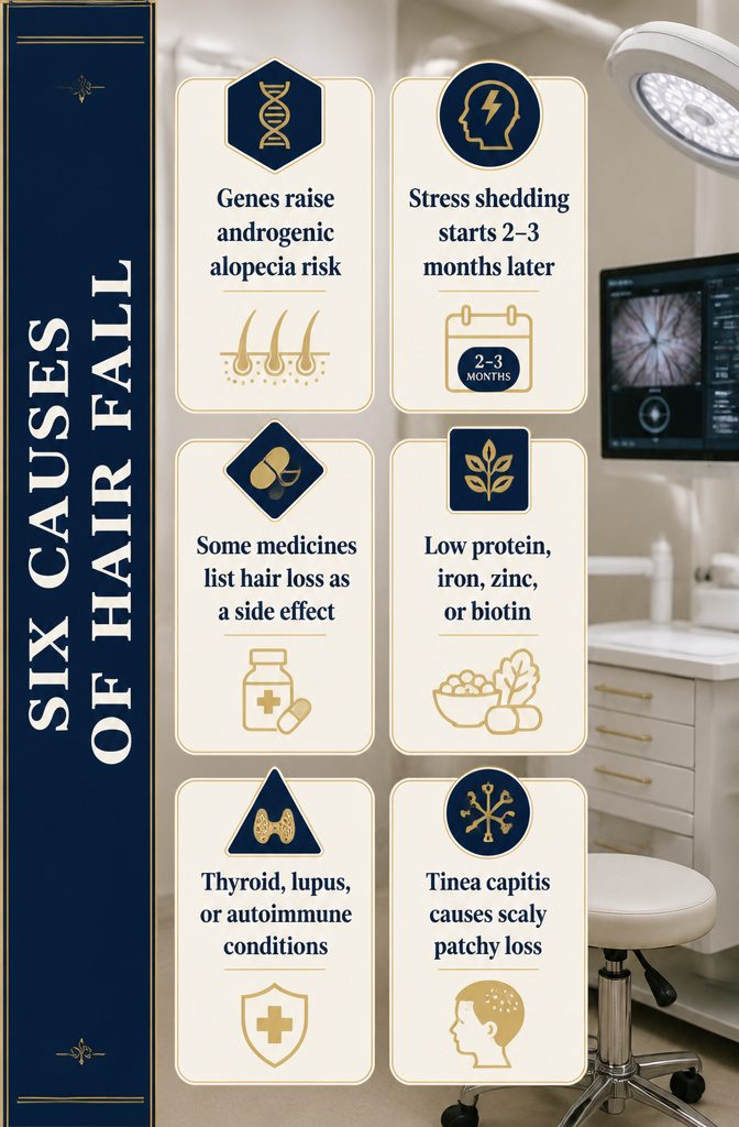 Beauty infographic listing six causes of hair fall