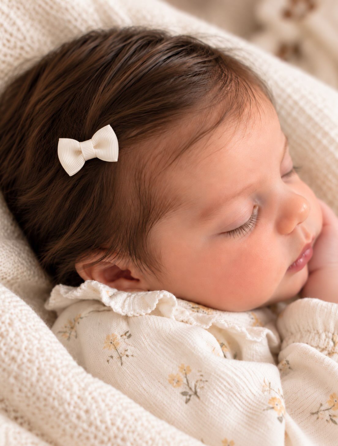 Sleeping infant with short side-parted brown hair and a small white bow clip