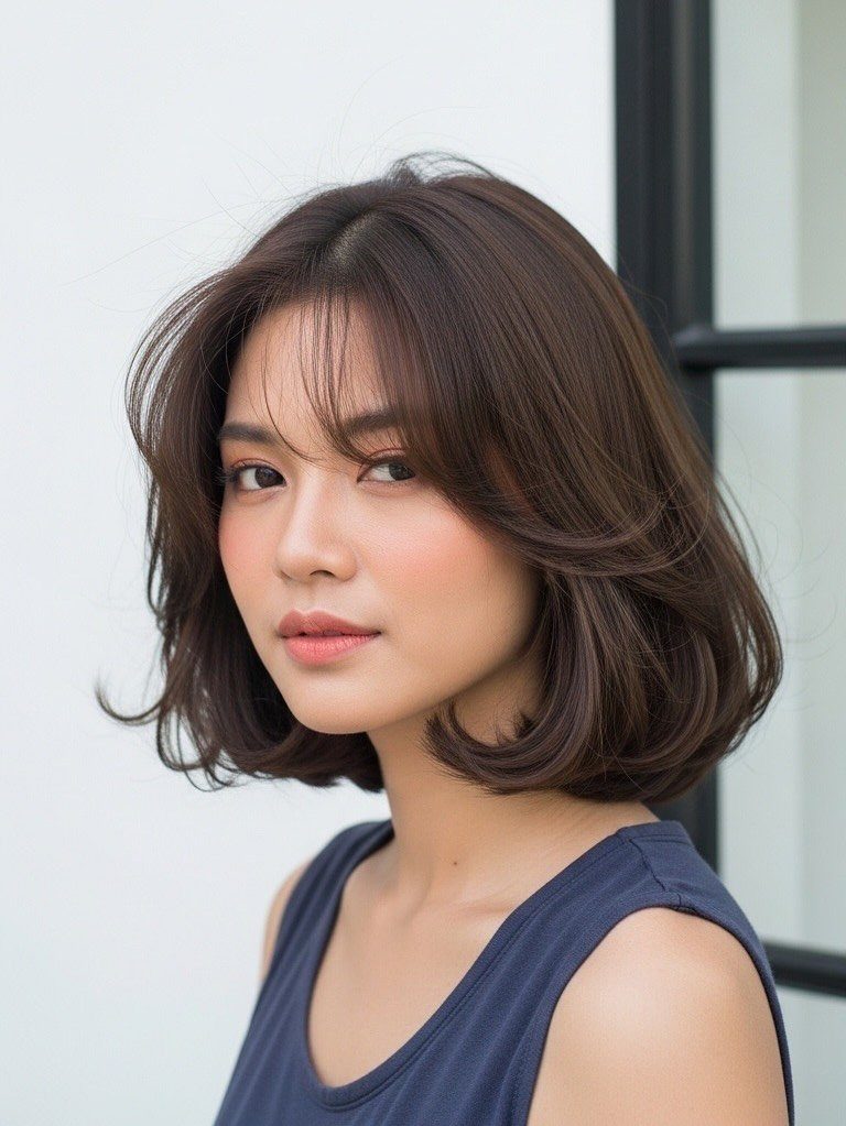 Woman with dark brown bob, wispy bangs, and curled ends