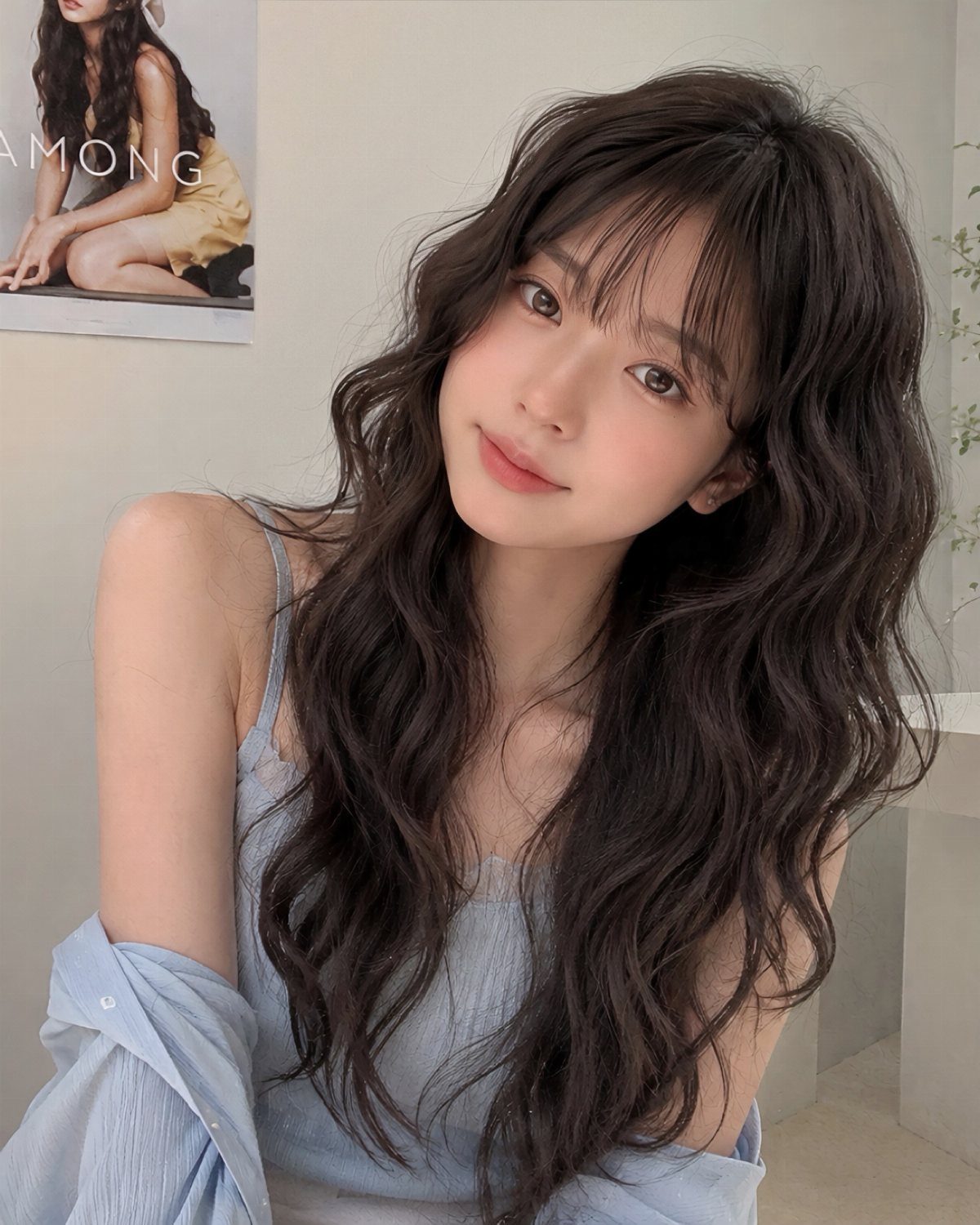 Woman with long dark hair styled in soft waves and wispy bangs
