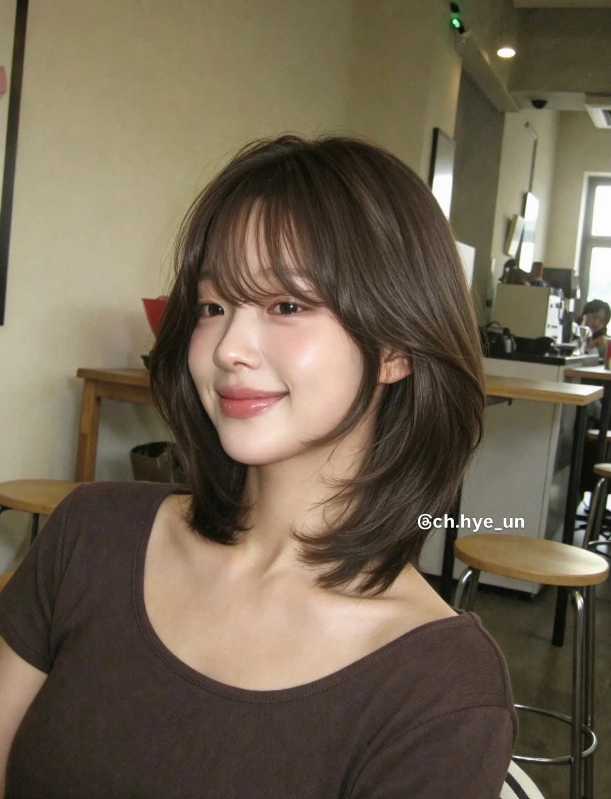 Woman with layered brown shoulder-length hair, wispy bangs, and curled ends in a salon