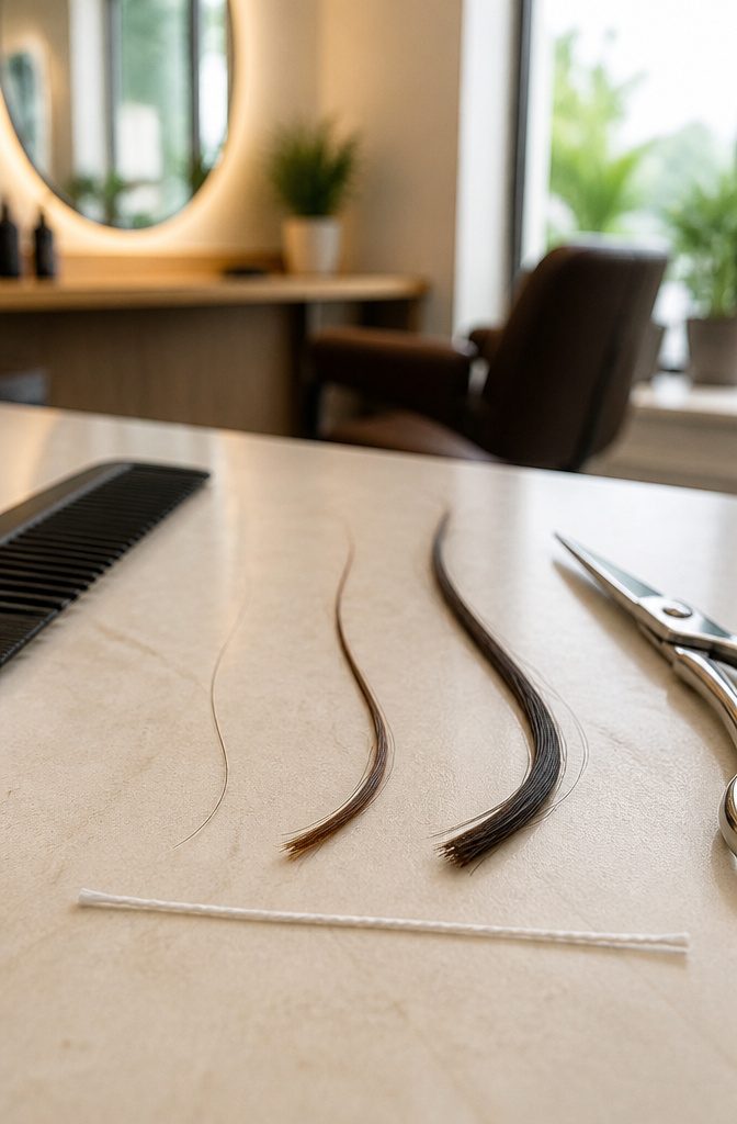 Fine medium and coarse hair strands beside a piece of sewing thread