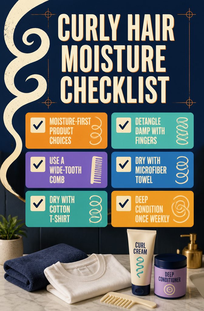 Beauty information graphic titled Curly Hair Moisture Checklist