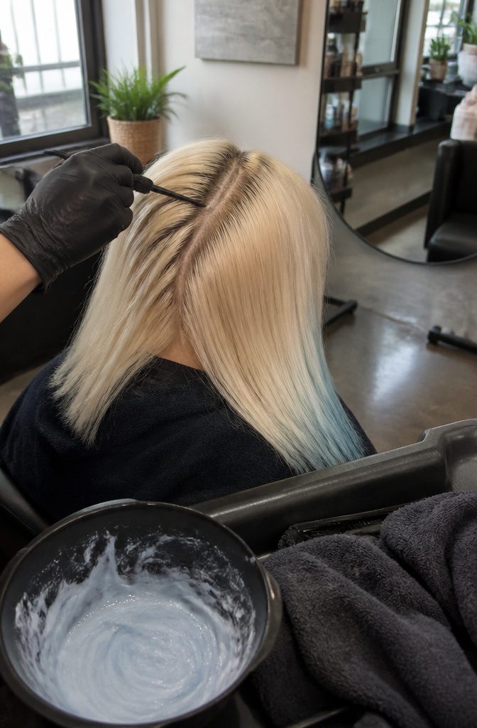 Pale blonde hair parted with a comb to reveal clean roots and fine strands