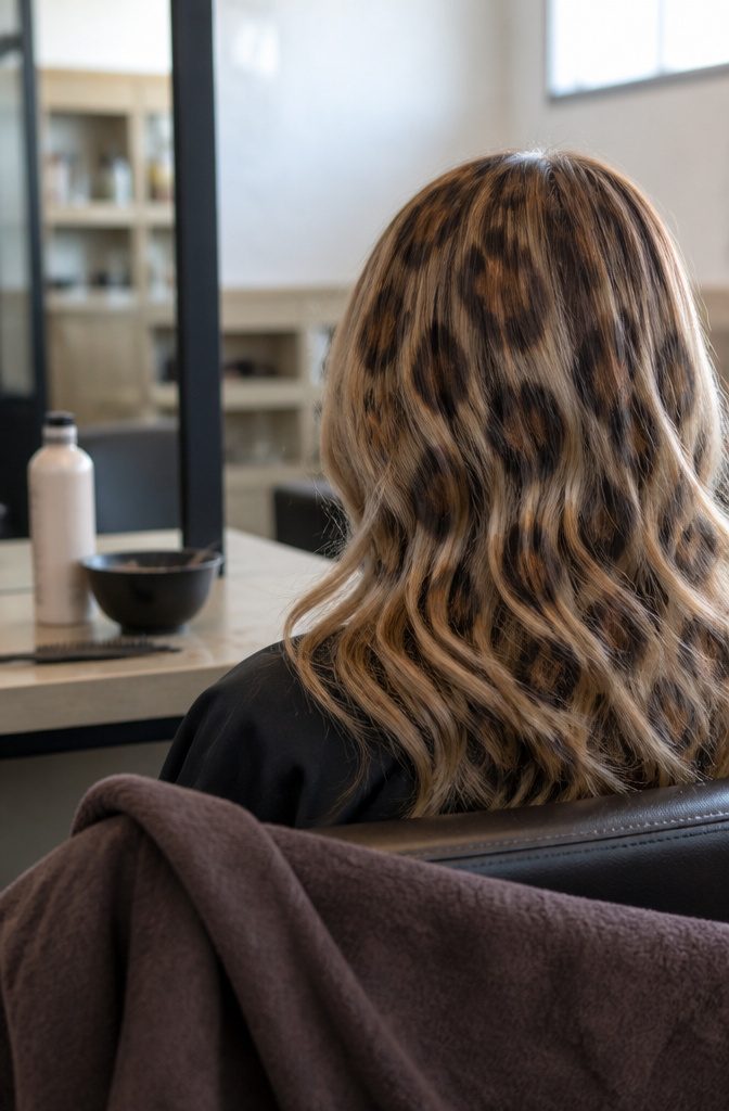 Toner and color-save shampoo shown with leopard print hair