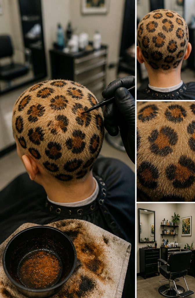 Black and brown ocelot spots painted by hand on lightened hair