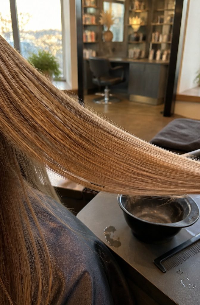 Light bronde hair base before dark leopard spots are applied