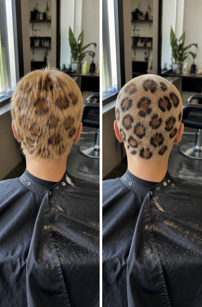 Buzz-cut hair with leopard spots painted across the short strands