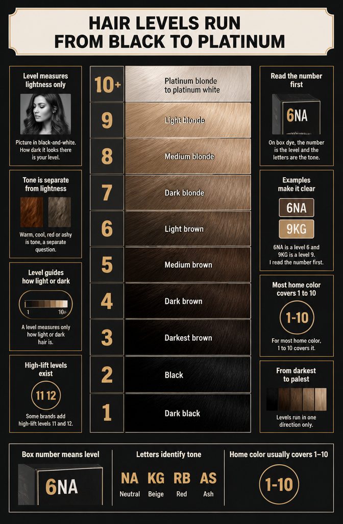 Hair level chart listing shades from dark black to platinum white