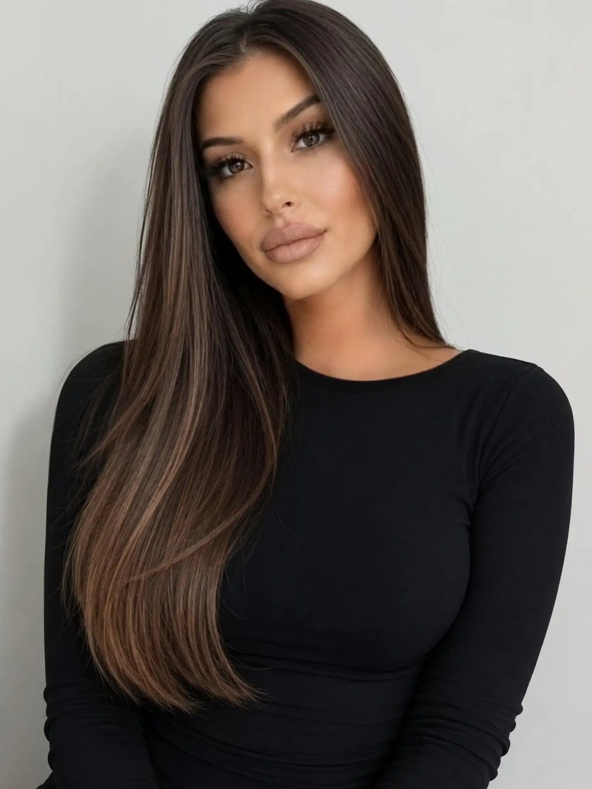 Woman with long dark brown hair parted at the center, falling smoothly over her shoulders