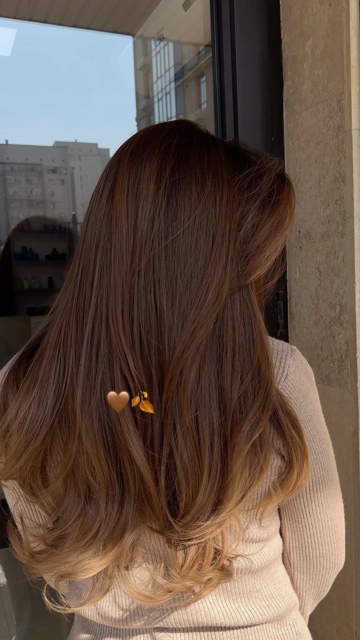 Long chestnut-brown layered hair with softly curled, lighter ends