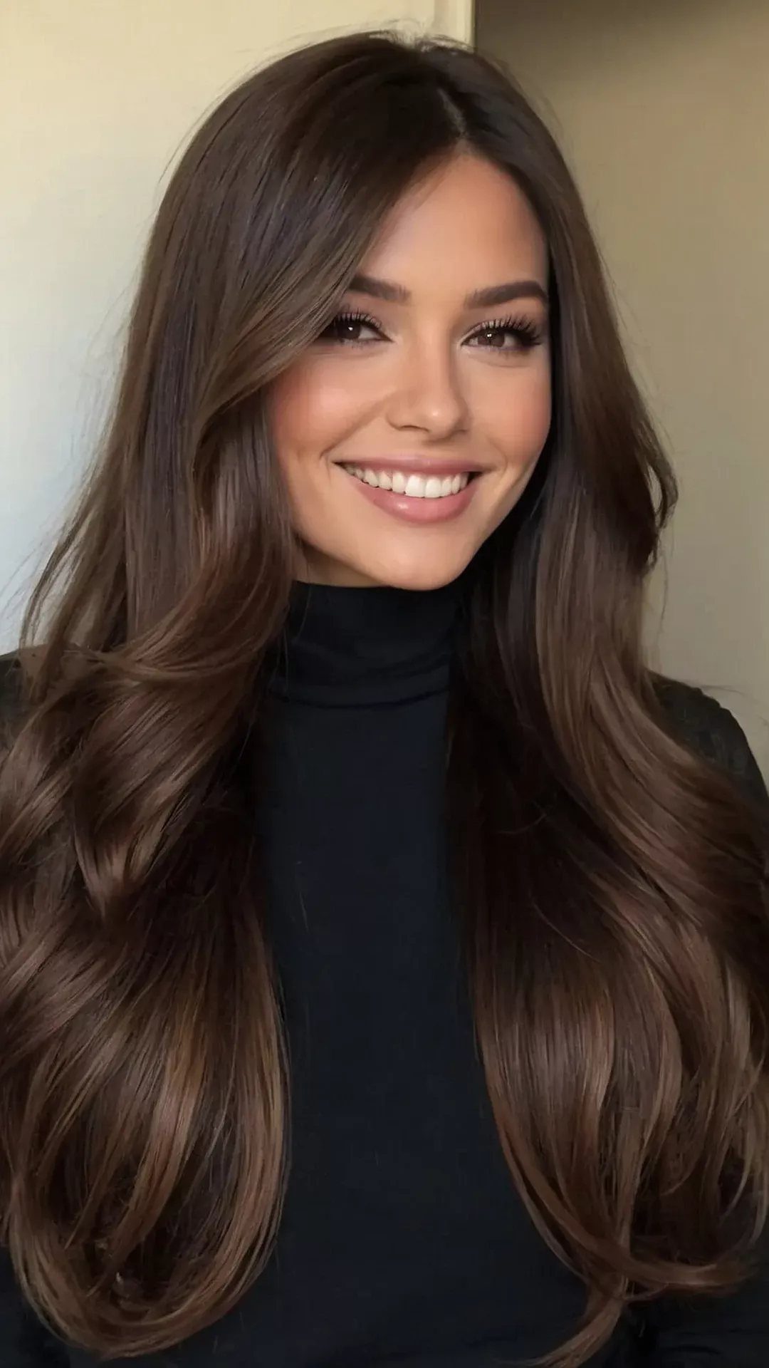 Woman with long, voluminous chocolate-brown hair parted to the side