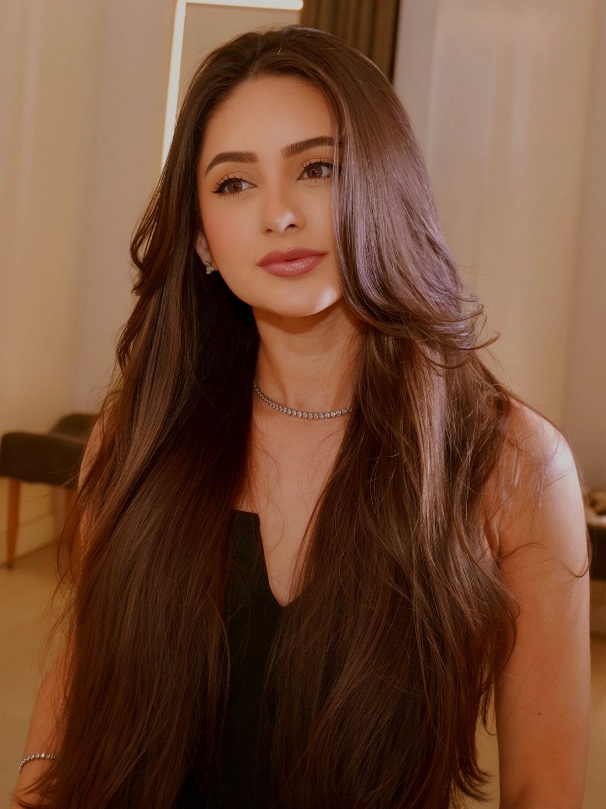Woman with long dark brown hair styled with a side part