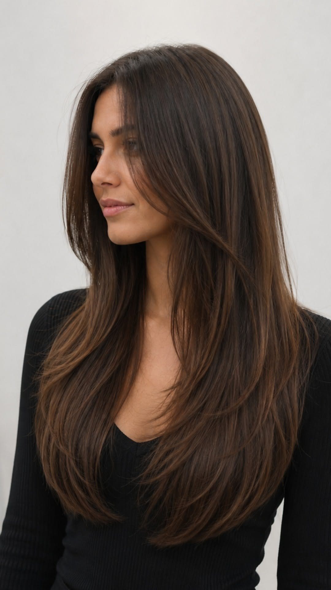 Long dark brown hair falls in smooth layers with softly tapered ends