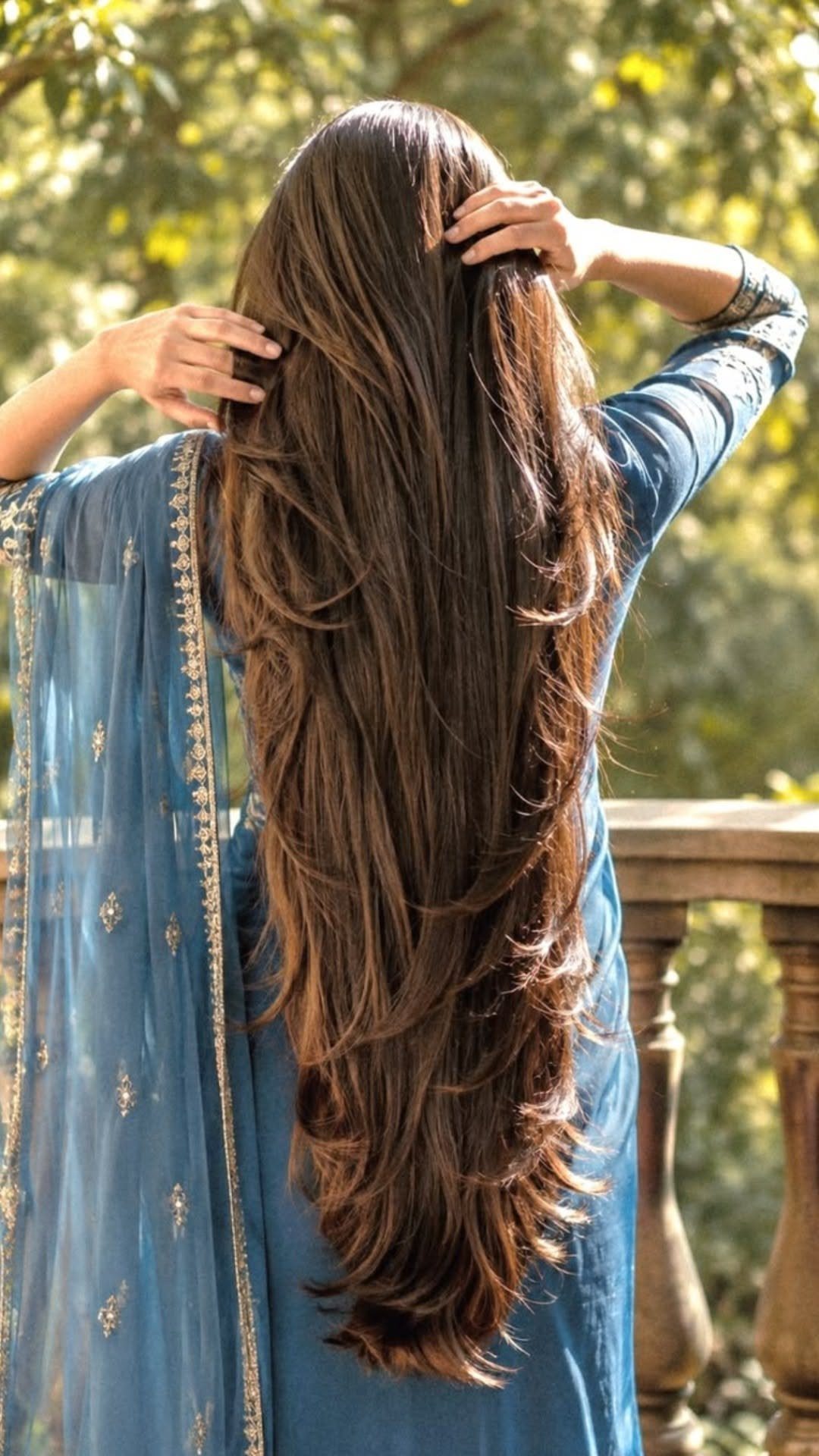 Waist-length dark brown hair falls down a person's back outdoors