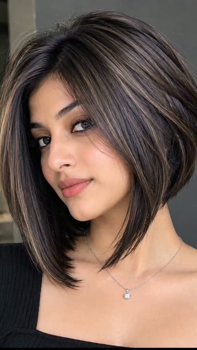 Woman displaying a sleek angled bob with longer front pieces and highlighted dark hair