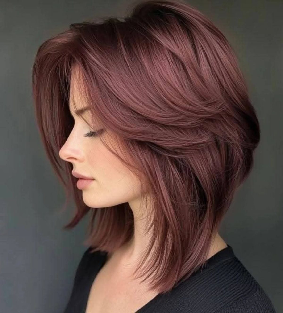Woman showing a layered mauve-brown asymmetrical bob with long front pieces