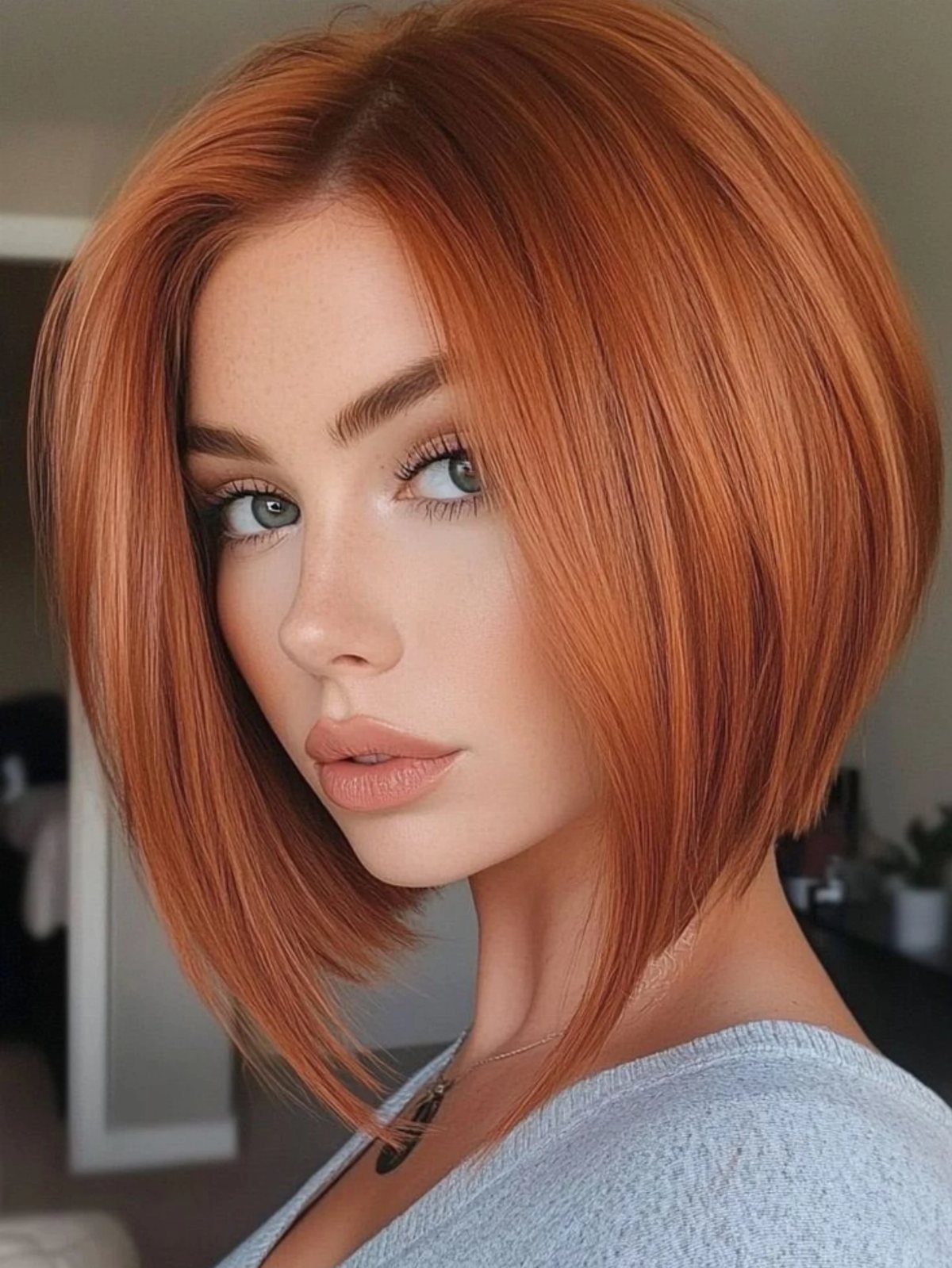 Woman with a copper angled bob, longer in front and shorter at the back