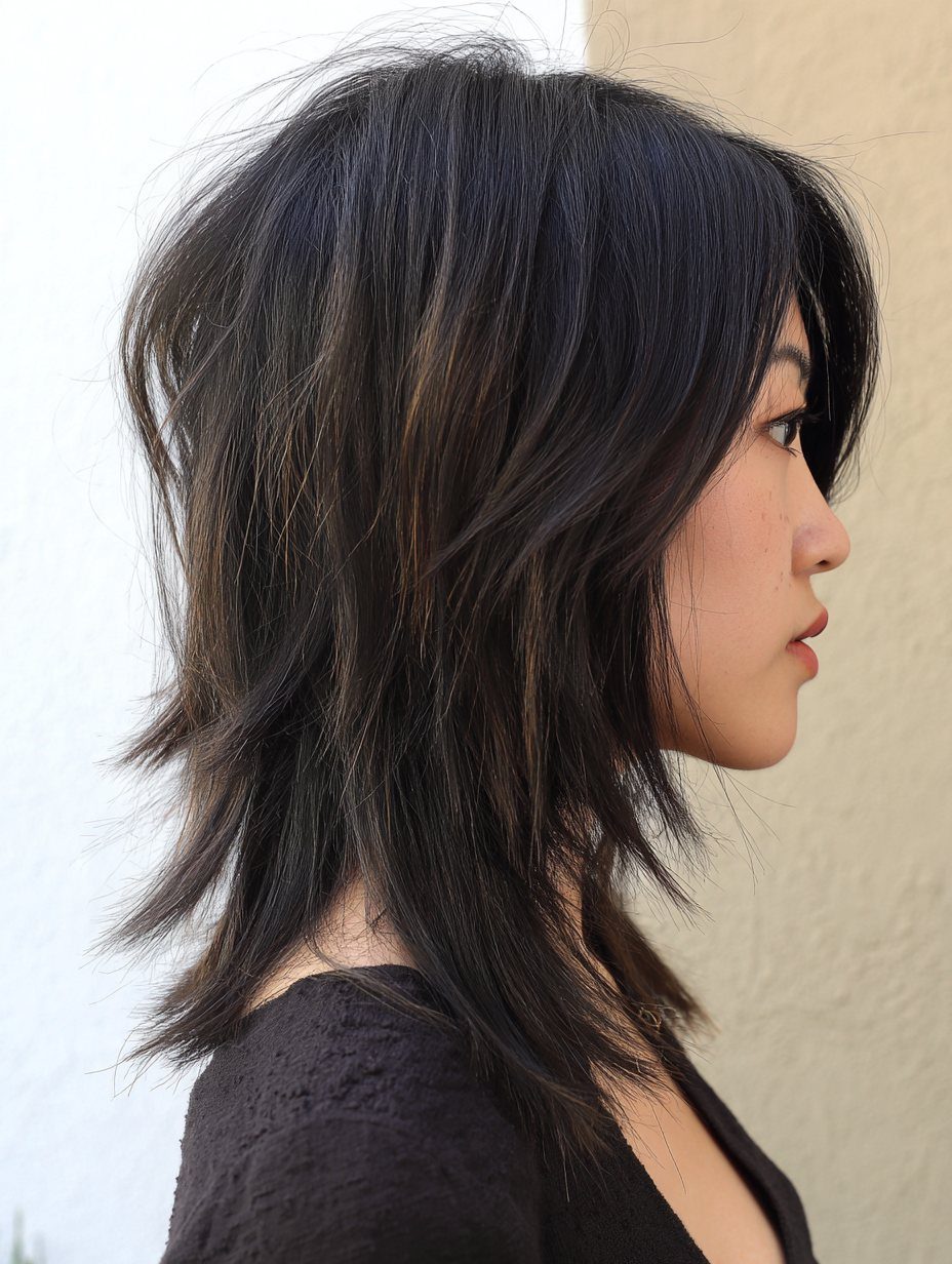 Dark layered shag haircut with long face-framing pieces and choppy short back