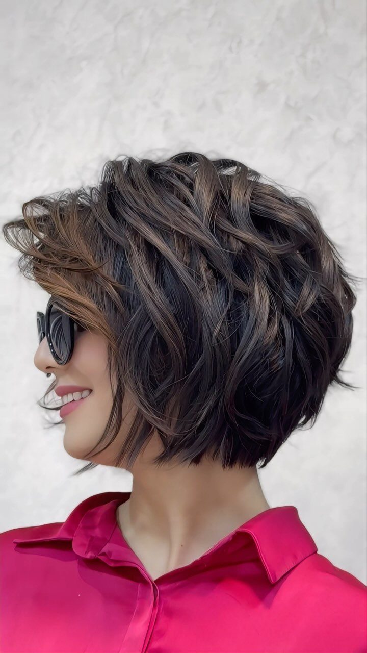 Woman models a layered wavy bob with long front pieces and short back