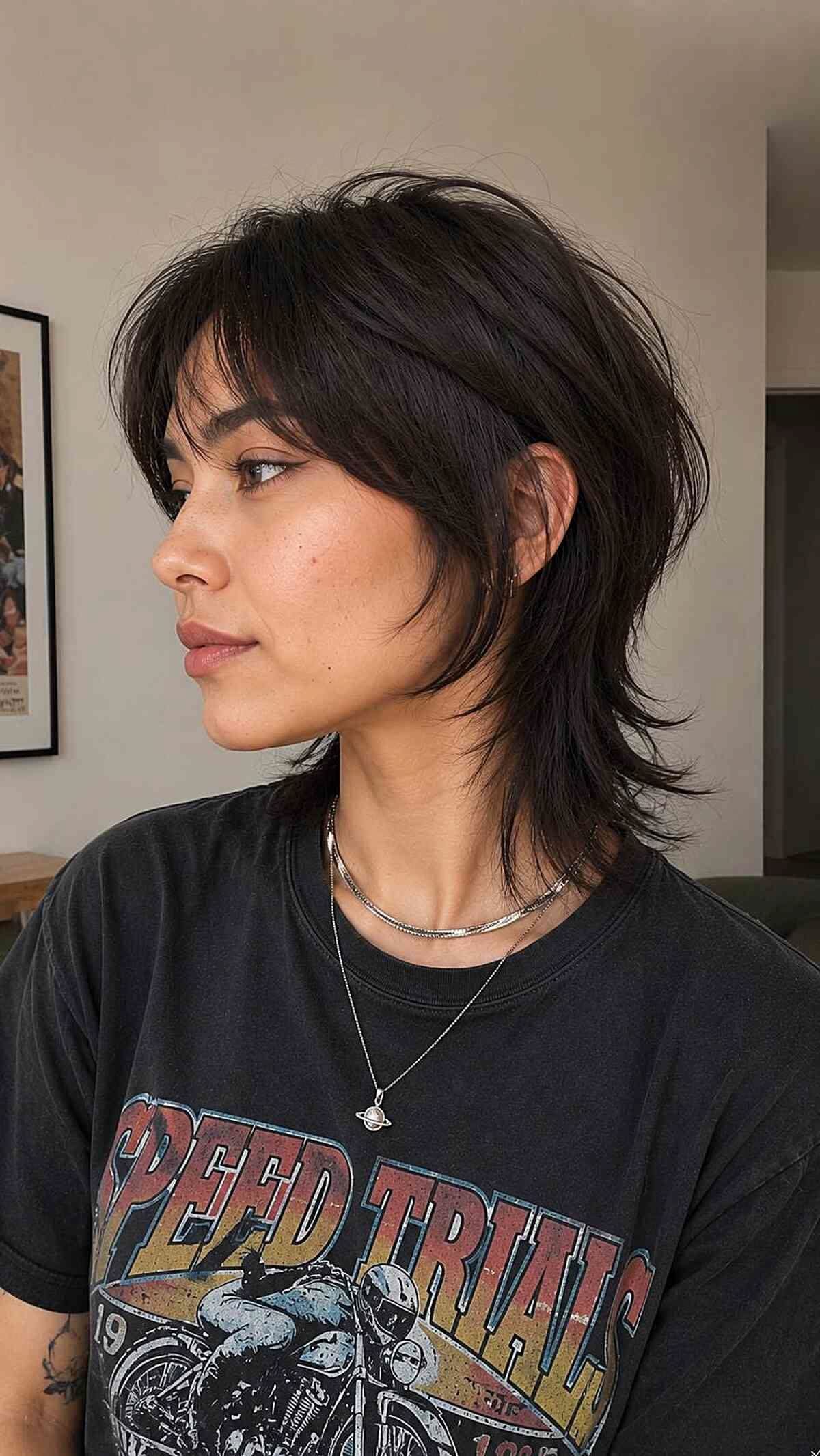 Dark-haired person showing a layered mullet with long feathered back