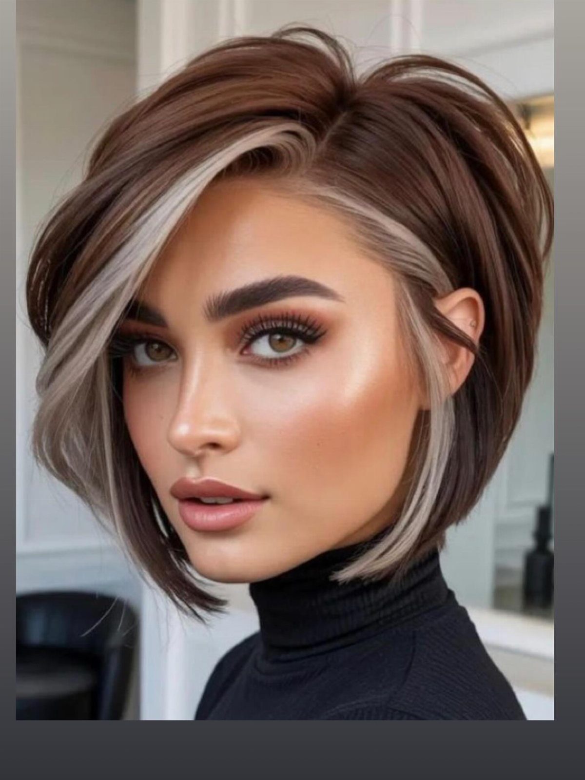 Woman with a layered brown bob and pale blonde face-framing streaks