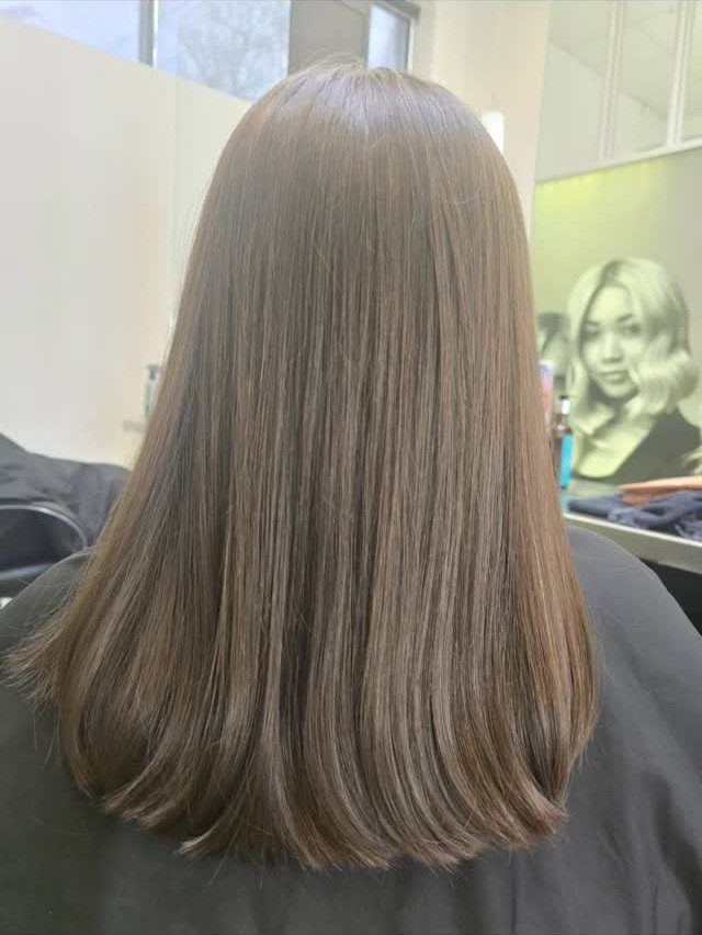 Straight shoulder-length brown hair with a smooth, blunt cut in a salon
