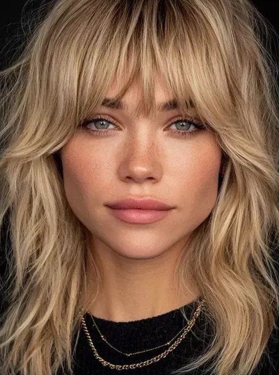 Woman with tousled blonde choppy layers and wispy bangs