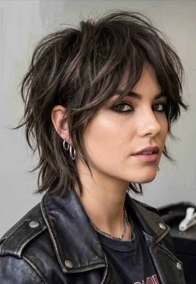 Woman showing a short feathered haircut with layered, swooping bangs