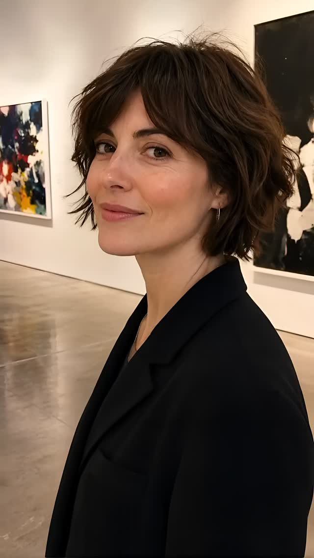 Woman with a short, wavy dark bob and fringe in a gallery