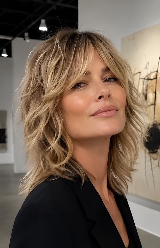 Woman with a layered blonde shag haircut and tousled waves