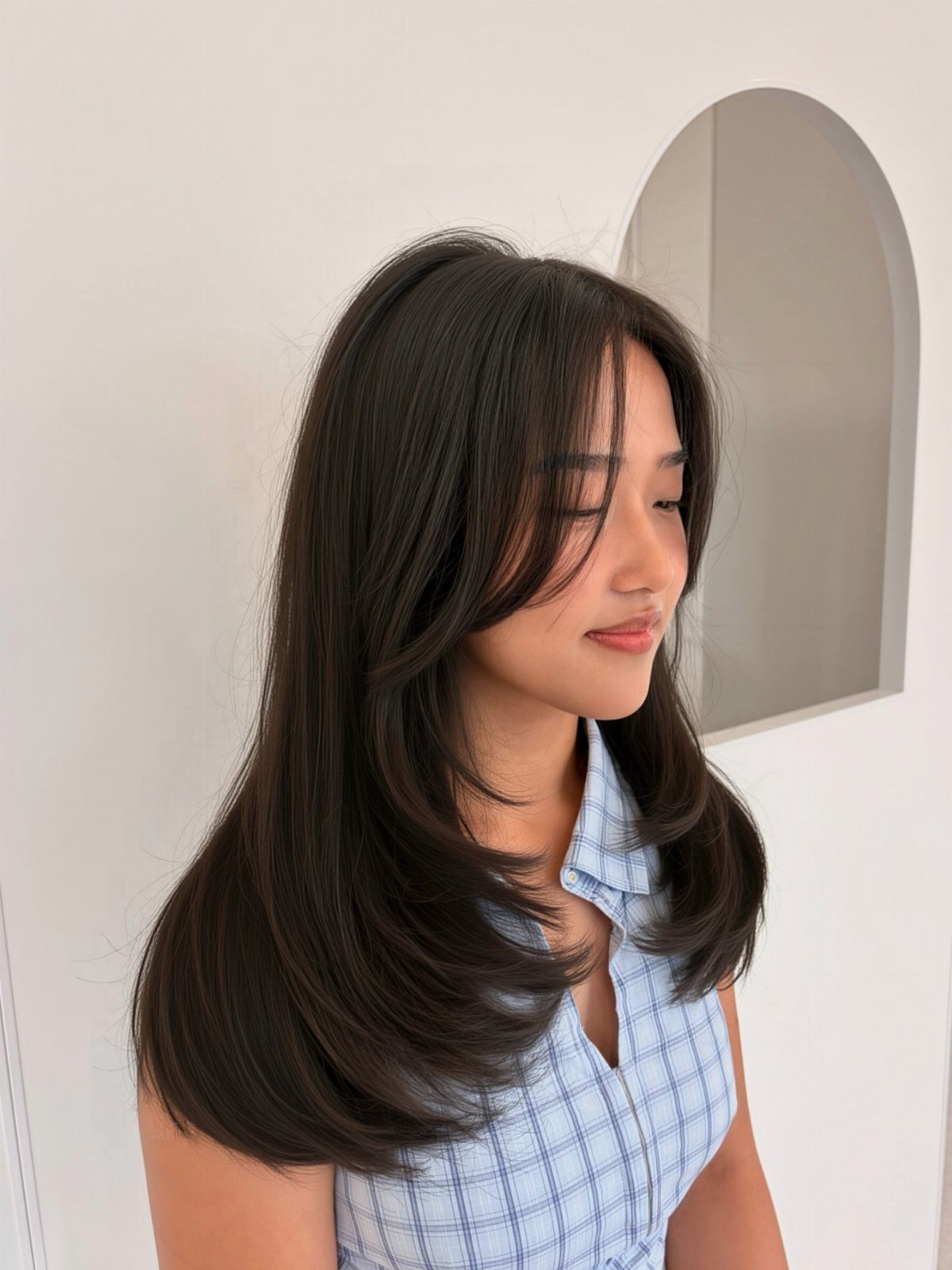 Woman with long dark layers and a side-swept fringe