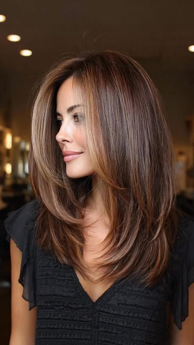 Woman with sleek, layered brown hair falling to her shoulders