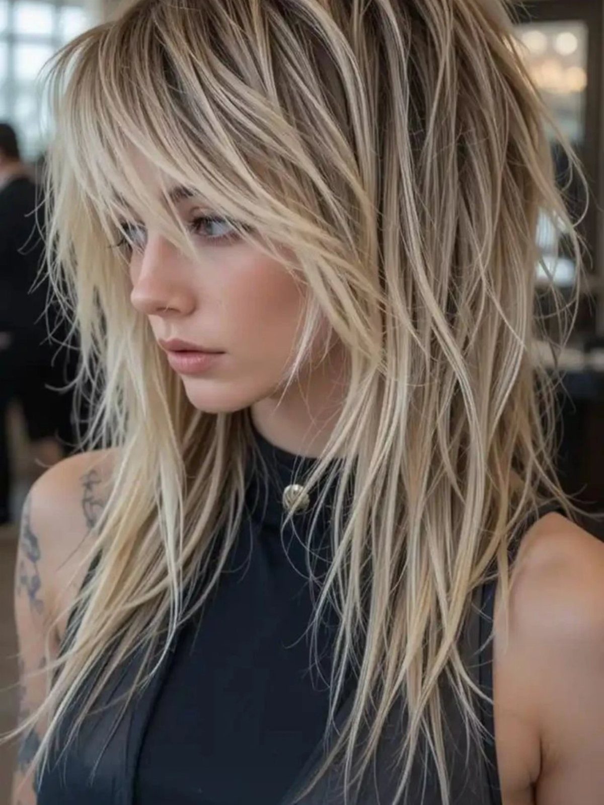 Woman with long, undone blonde shaggy layers and wispy bangs in a salon
